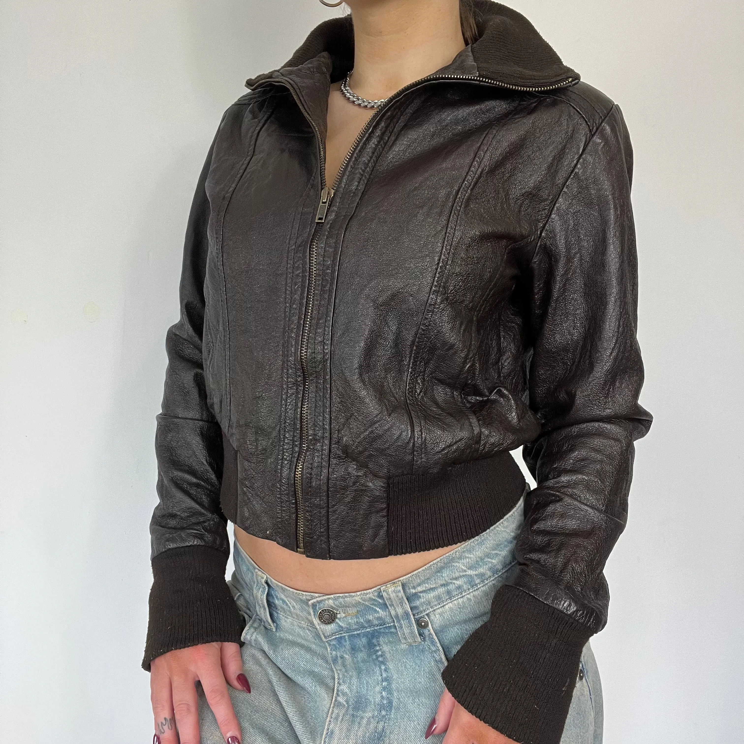 90s brown real leather bomber jacket - Size S