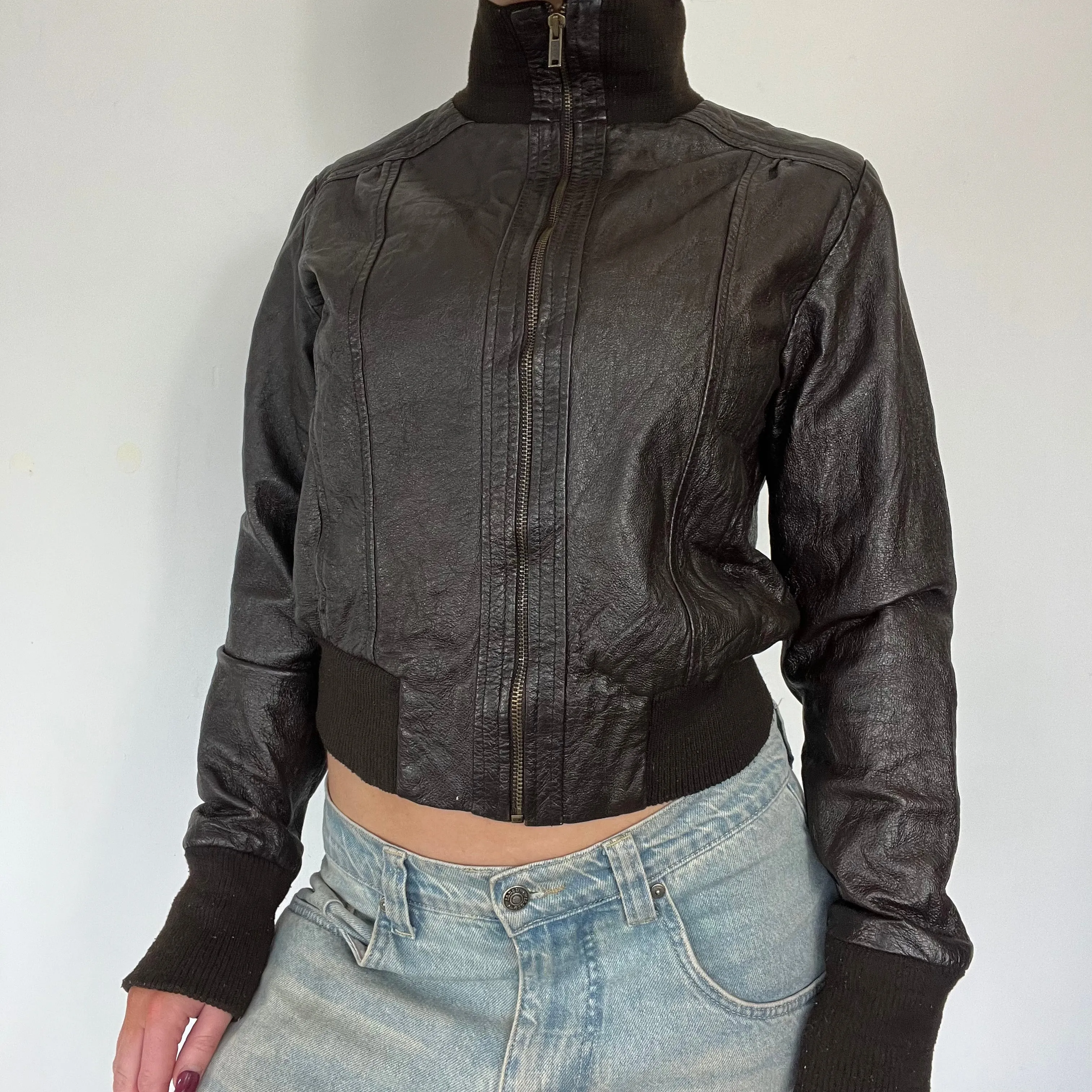 90s brown real leather bomber jacket - Size S
