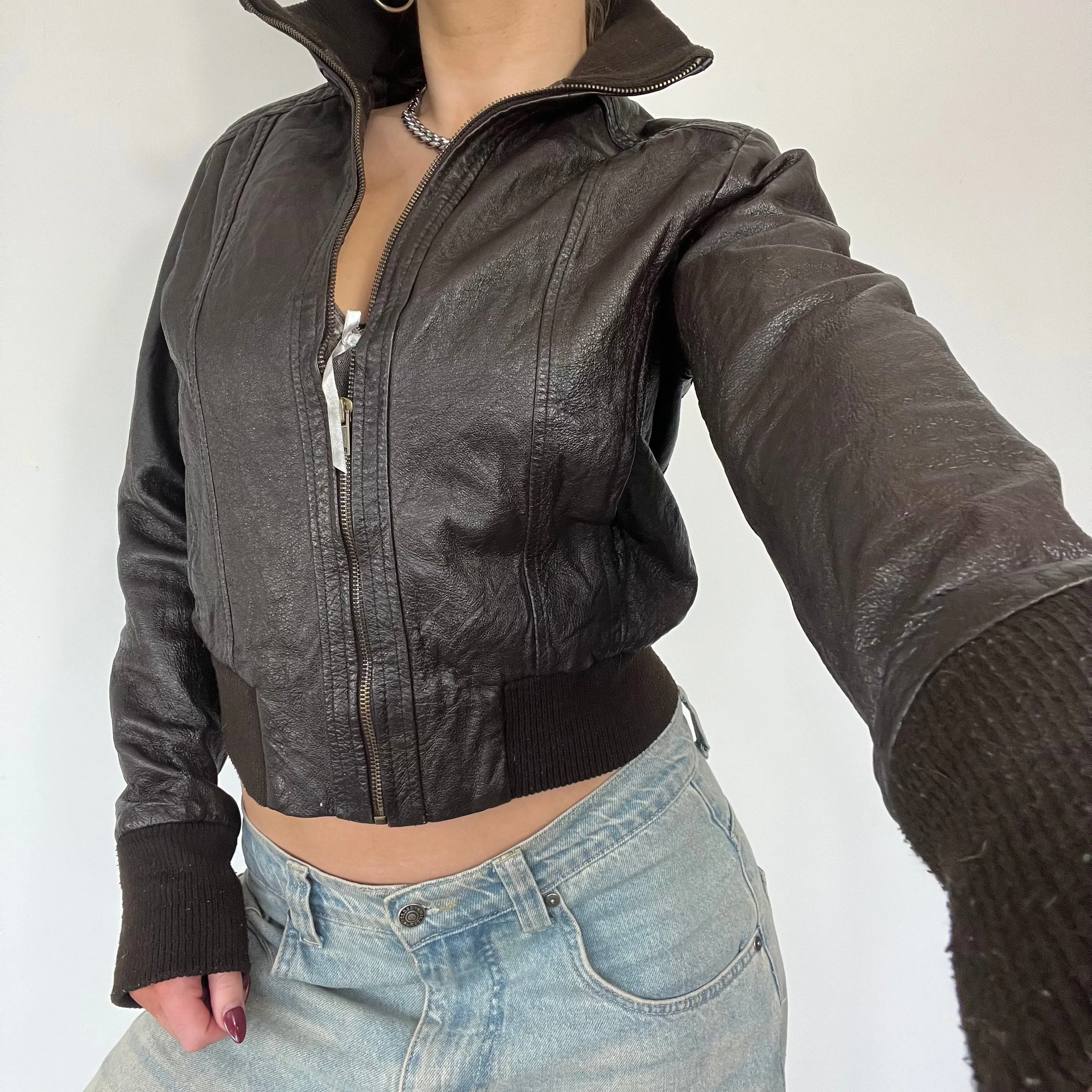 90s brown real leather bomber jacket - Size S