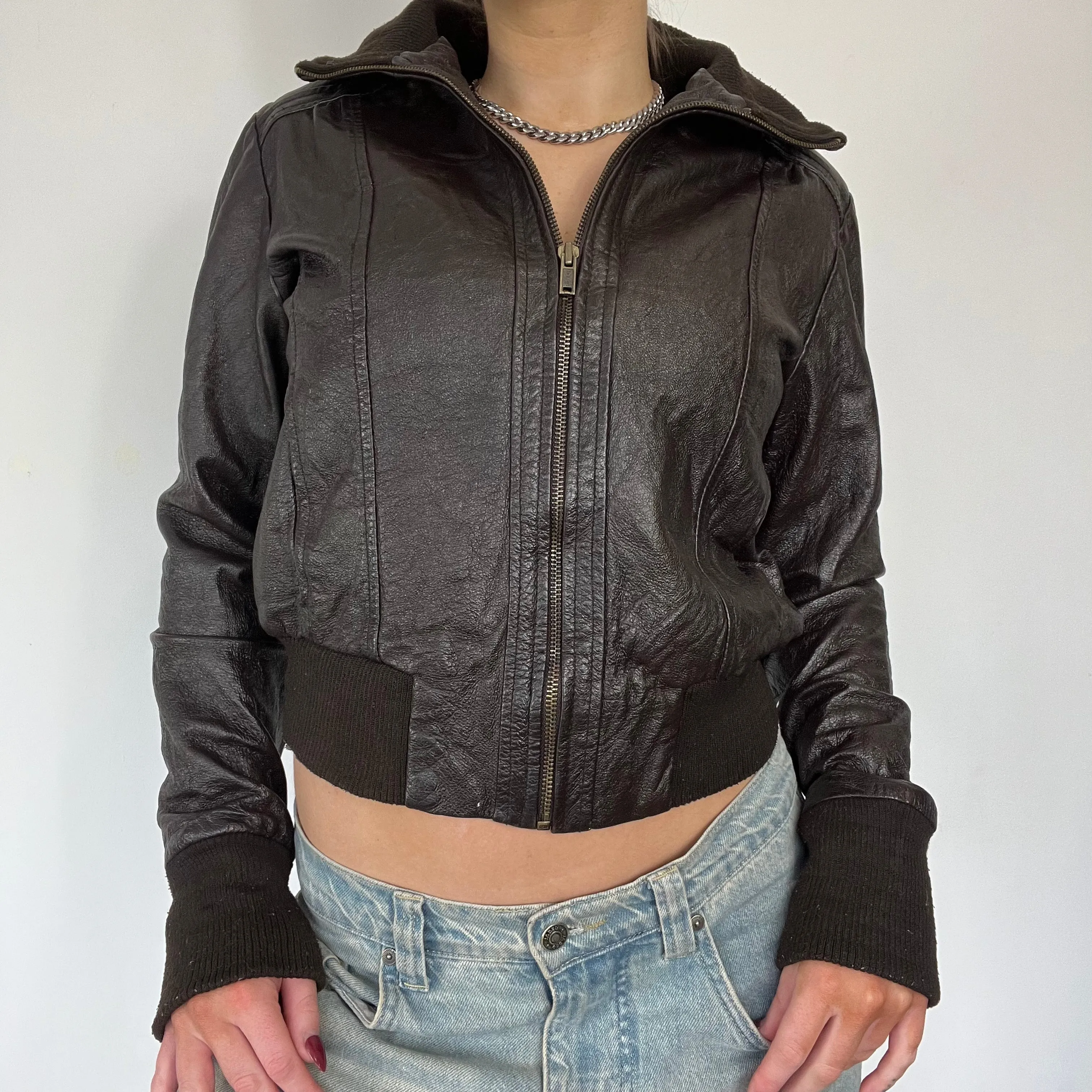 90s brown real leather bomber jacket - Size S