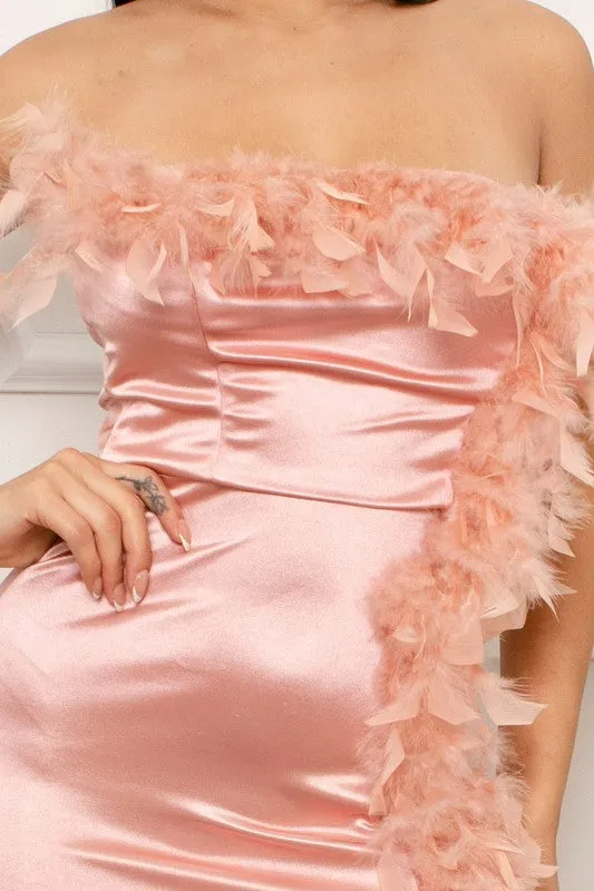 Blush Satin & Feather Detailed Mermaid Maxi Dress