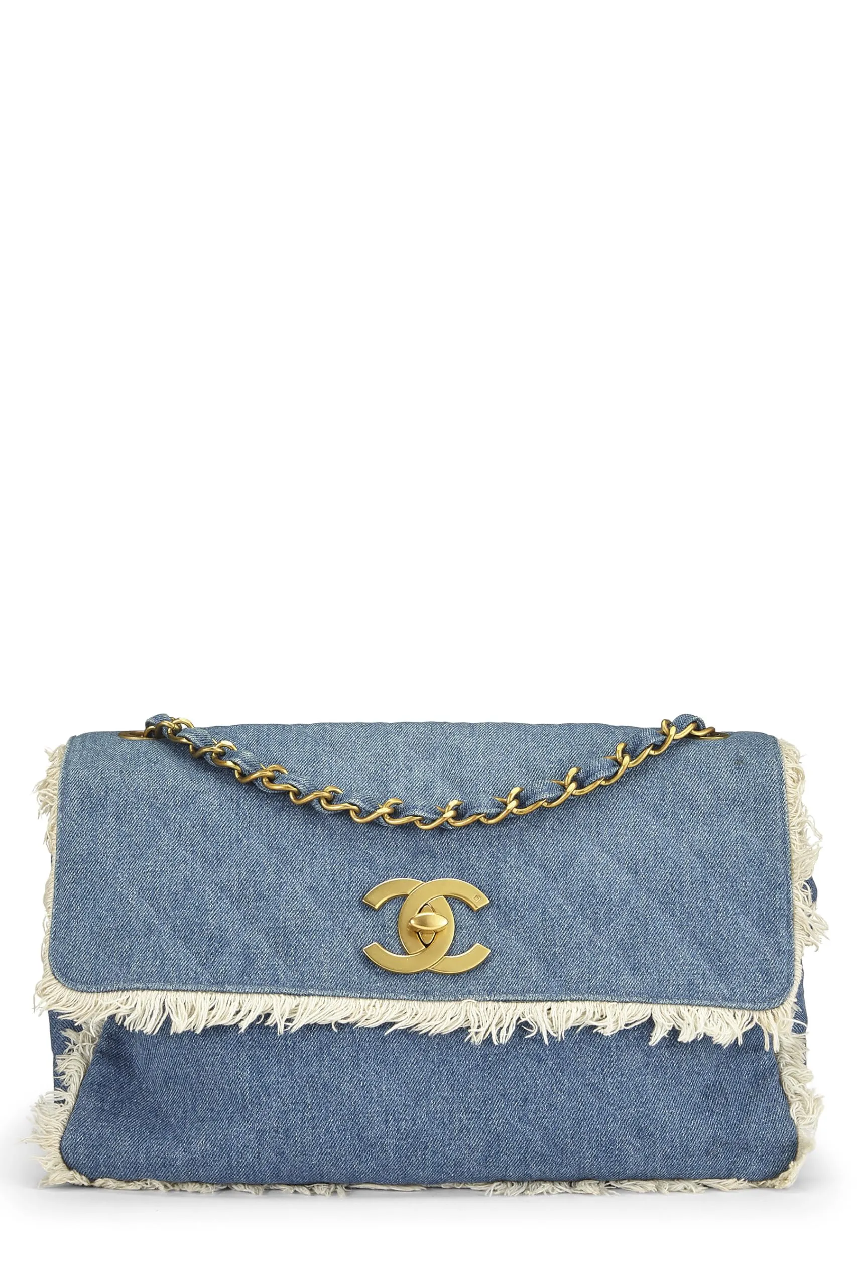 Chanel,  Blue Quilted Denim Half Flap Maxi, Blue