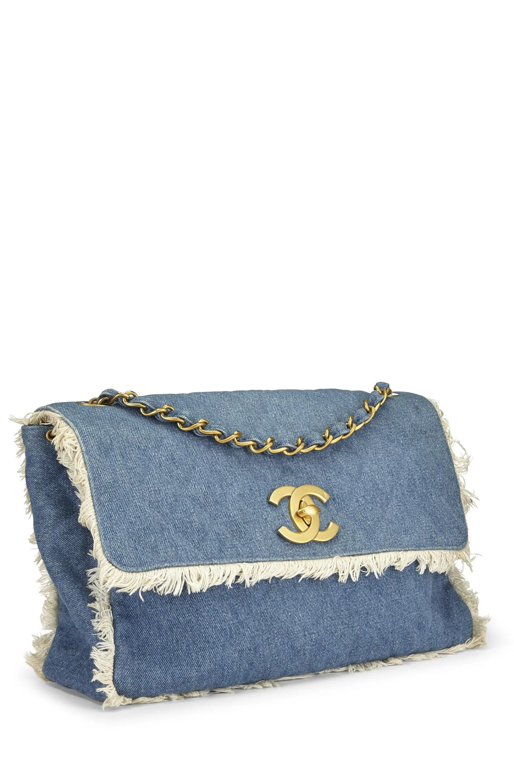Chanel,  Blue Quilted Denim Half Flap Maxi, Blue