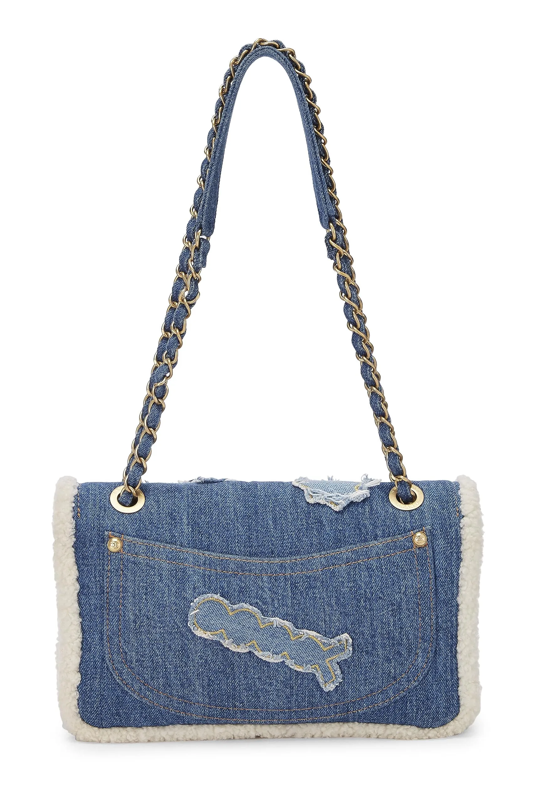 Chanel,  Paris-Egypt Blue Denim & Shearling Hieroglyph Flap Medium, Blue