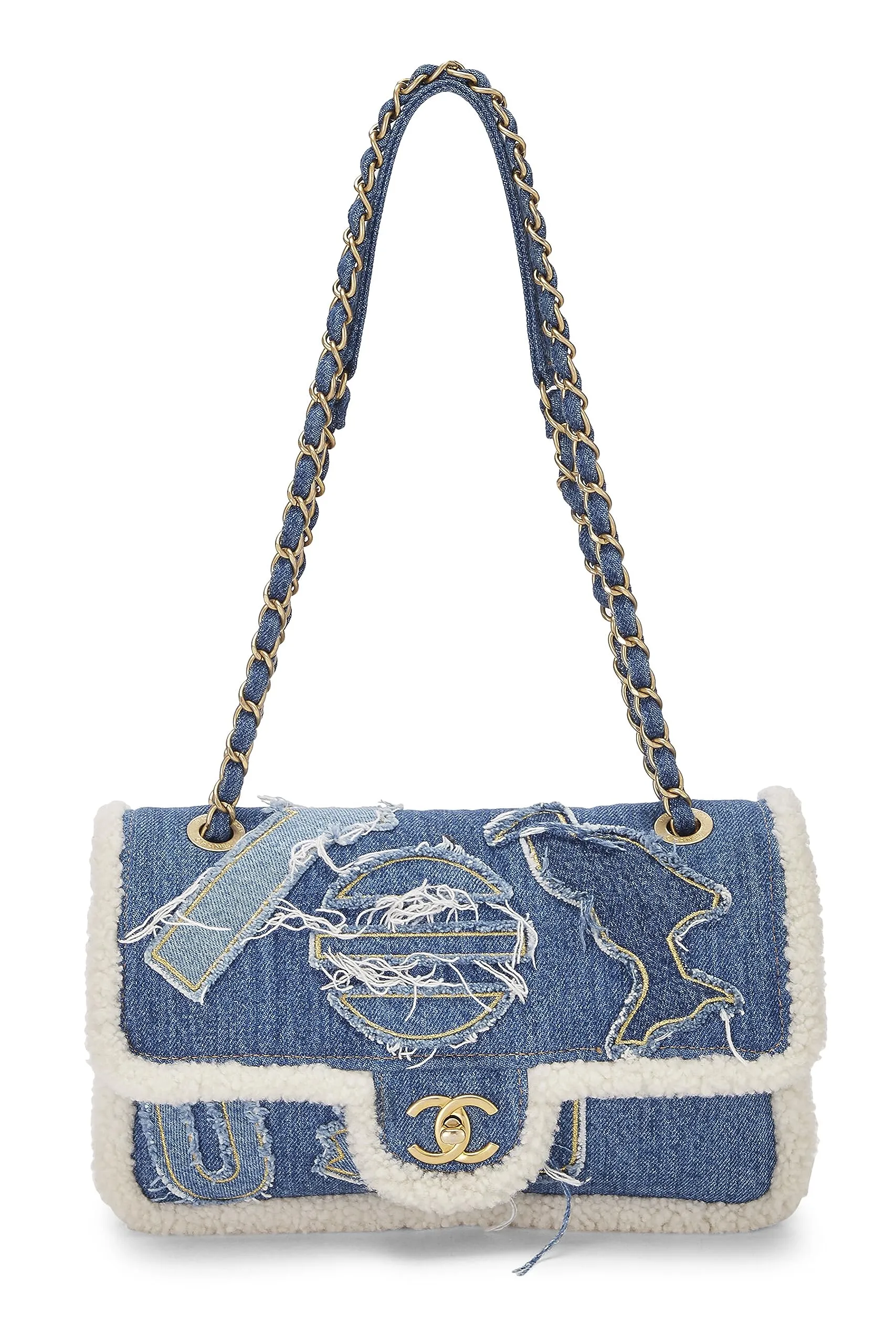 Chanel,  Paris-Egypt Blue Denim & Shearling Hieroglyph Flap Medium, Blue