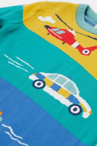 Frugi Elwood Knitted Jumper - Moss/Vehicles