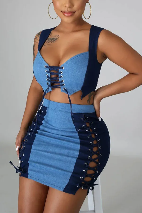 hulianfu Color Block Girly Keyhole Lace-Up Dress Suit