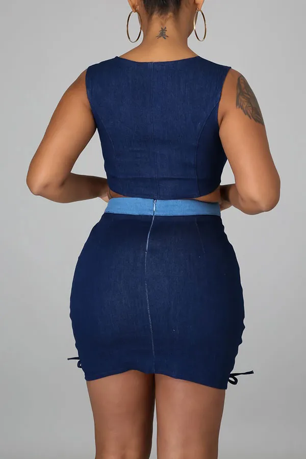 hulianfu Color Block Girly Keyhole Lace-Up Dress Suit