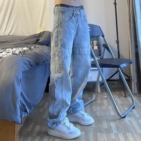 Hulianfu Cotton Straight Jeans Men Women's Retro Washed High Street Loose Cargo Pants Stitching Casual Wide-Leg Trousers Men Loose Jeans