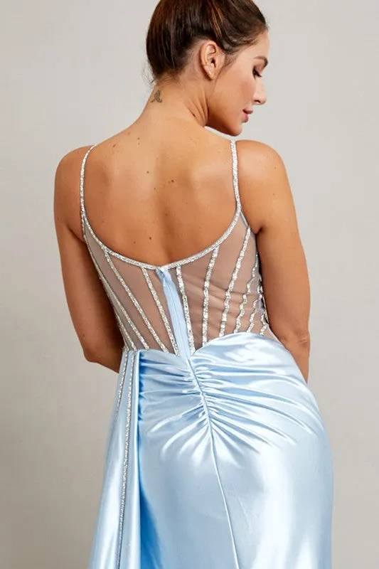Ice Blue Sleeveless Sweetheart Illusion Top Sheath Dress
