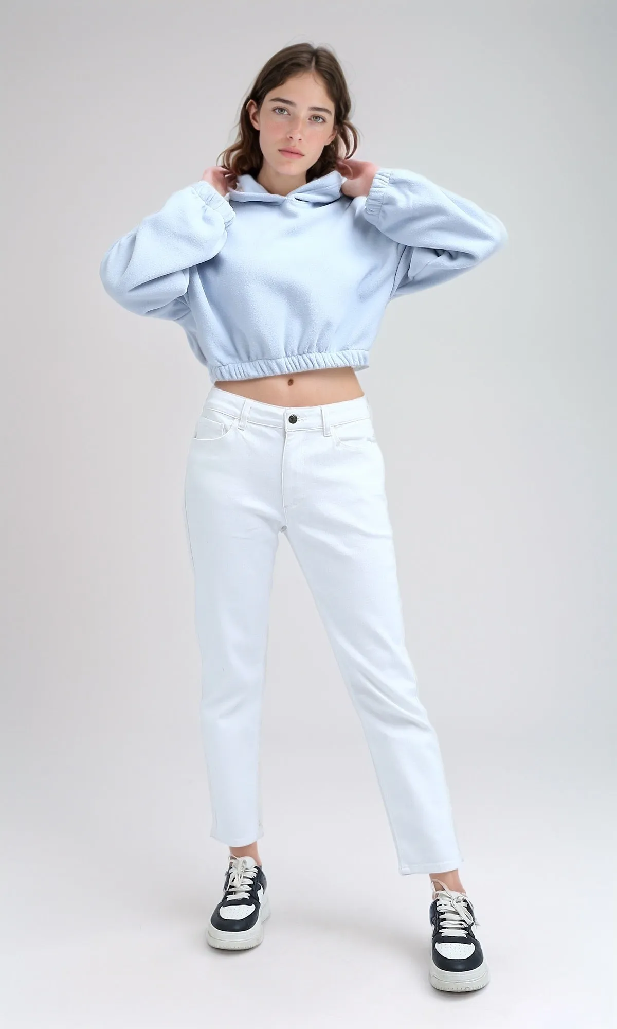 O200381 - Slip On Long Sleeves Light Blue Cropped Hooded