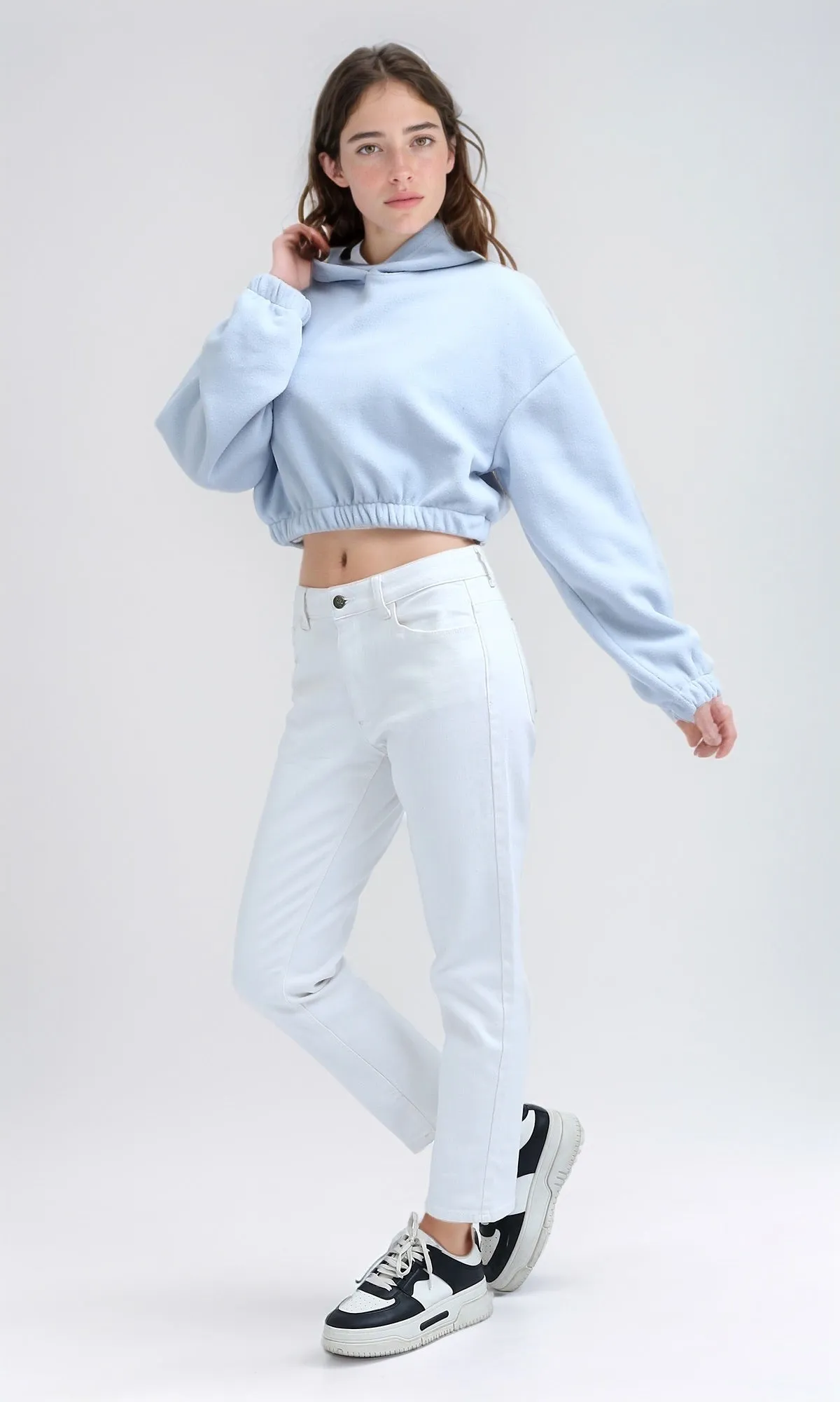 O200381 - Slip On Long Sleeves Light Blue Cropped Hooded