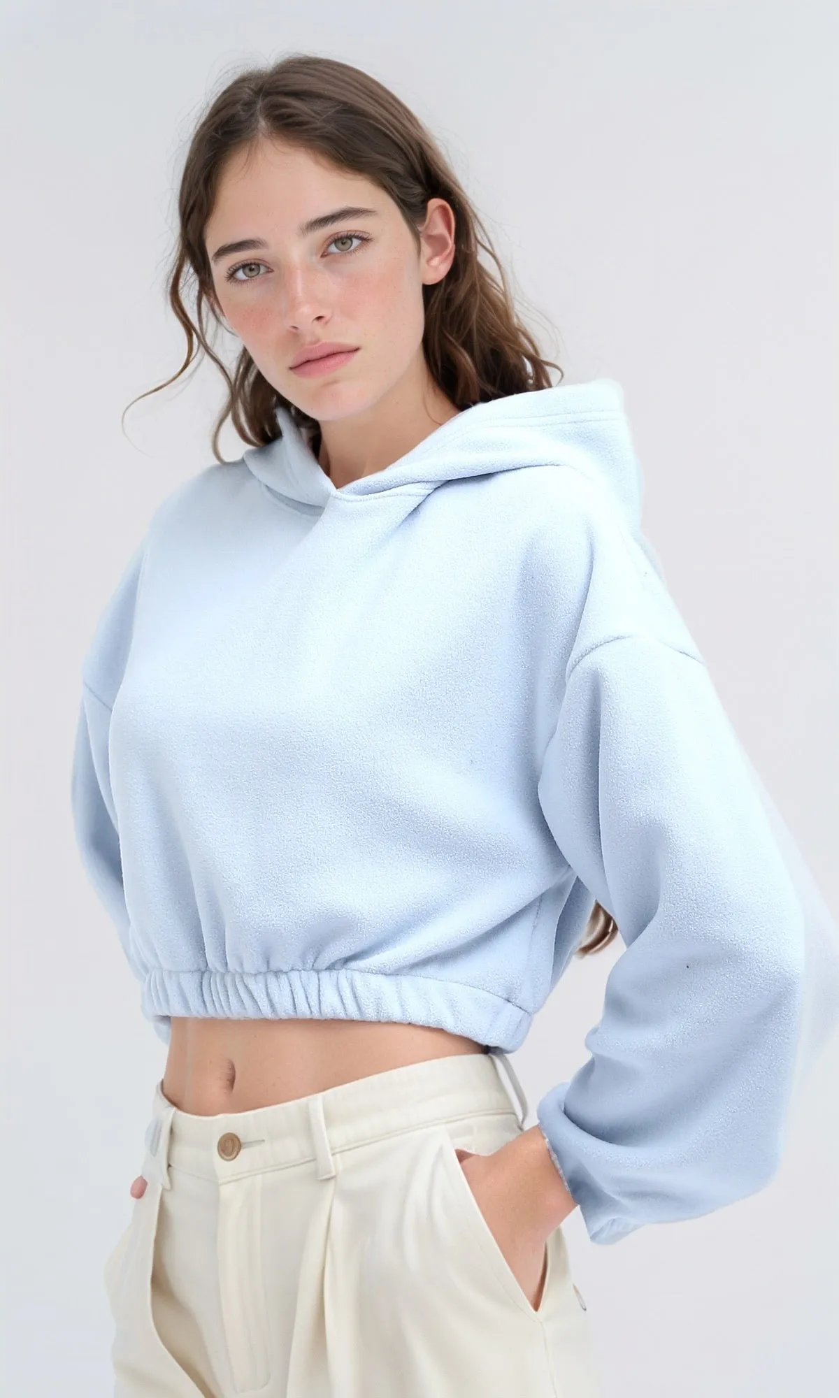 O200381 - Slip On Long Sleeves Light Blue Cropped Hooded