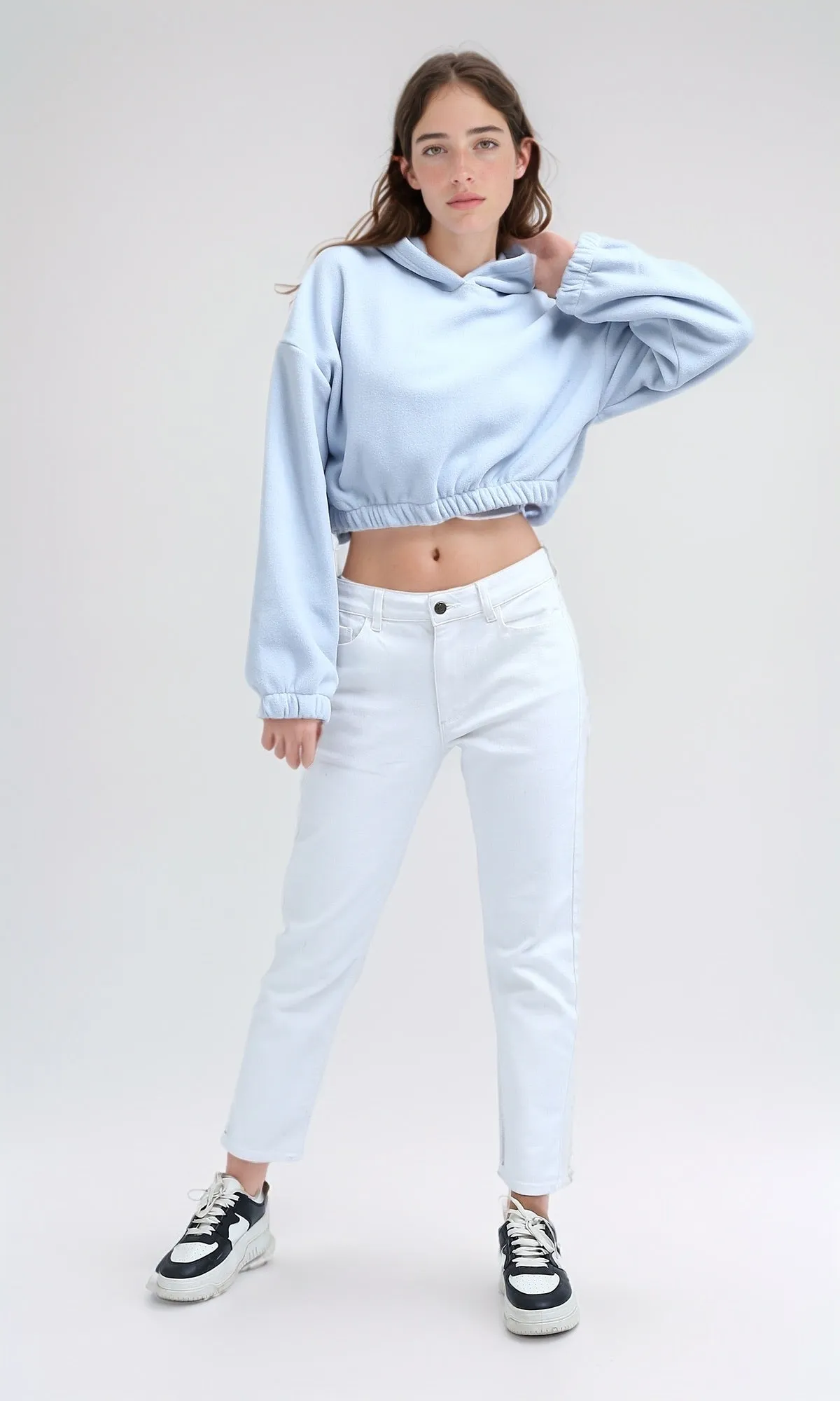 O200381 - Slip On Long Sleeves Light Blue Cropped Hooded