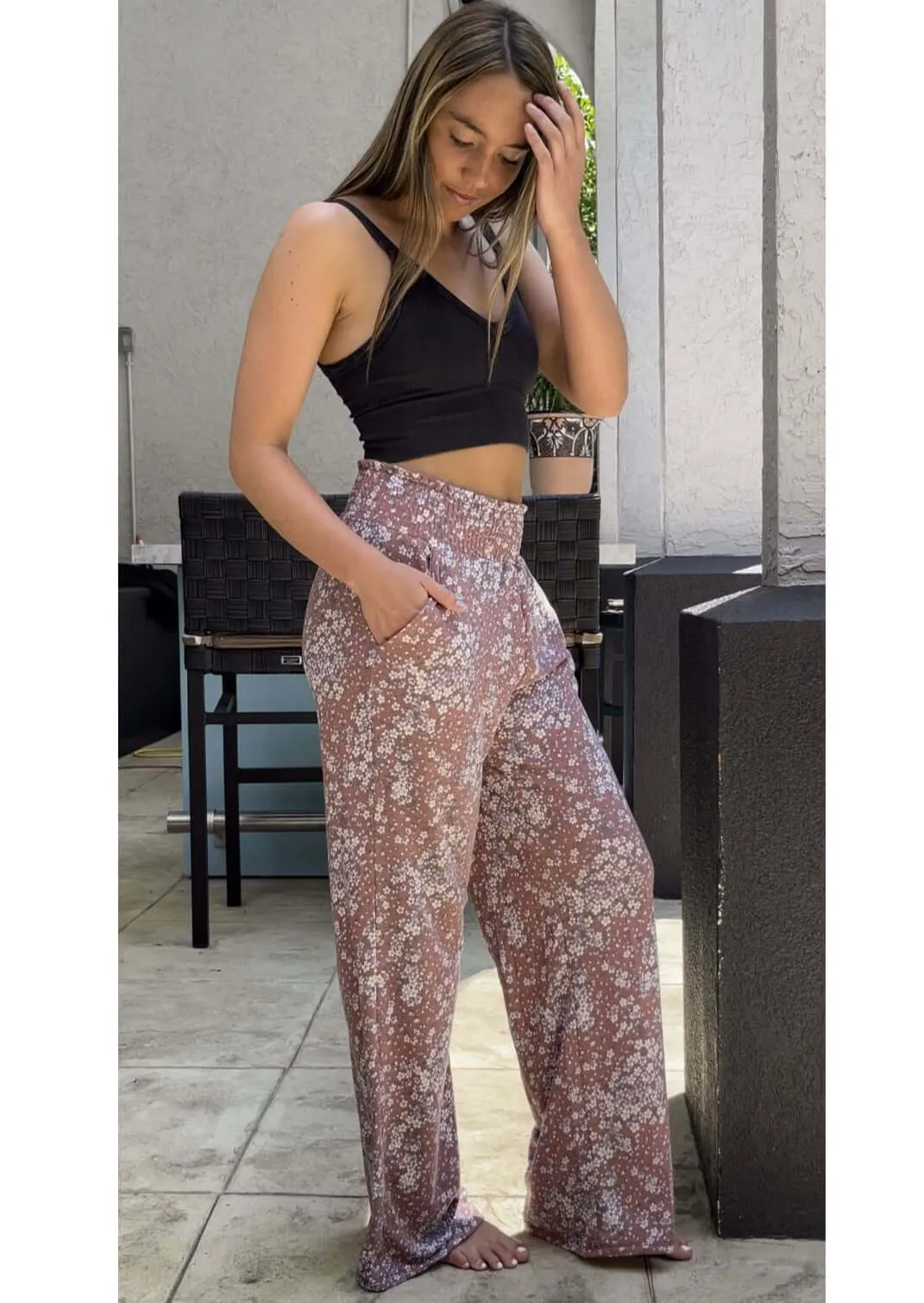 Smocked Waist Floral Relaxed Fit Pants CLEARANCE FINAL SALE