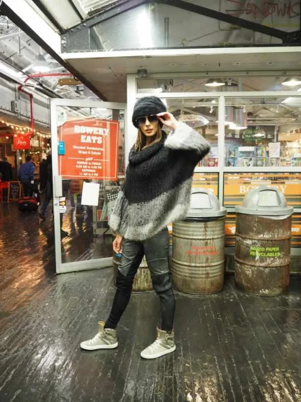 Stripe hand knit funnel neck sweater