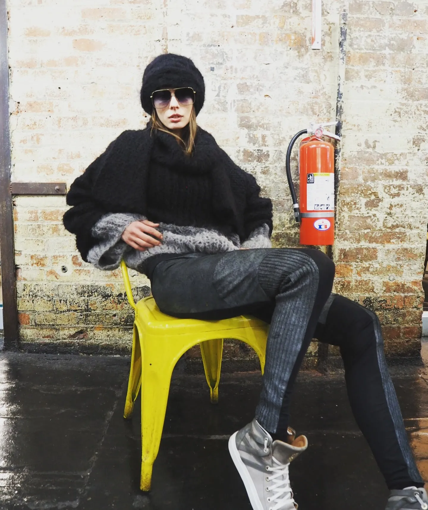 Stripe hand knit funnel neck sweater