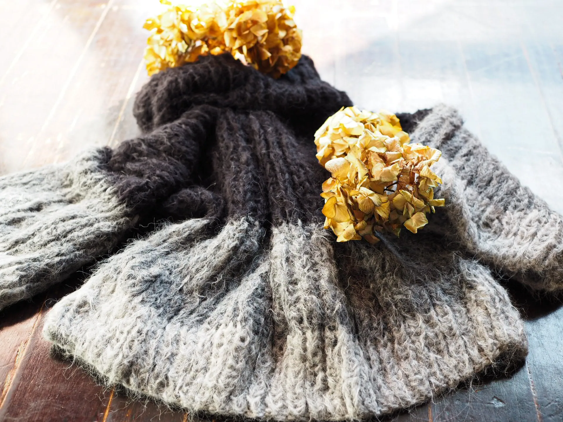 Stripe hand knit funnel neck sweater