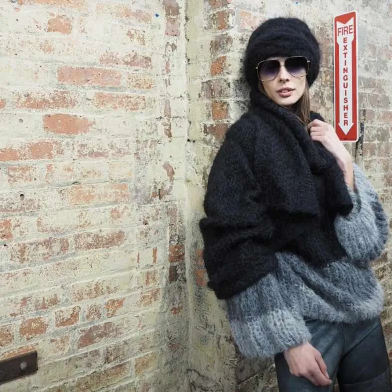 Stripe hand knit funnel neck sweater