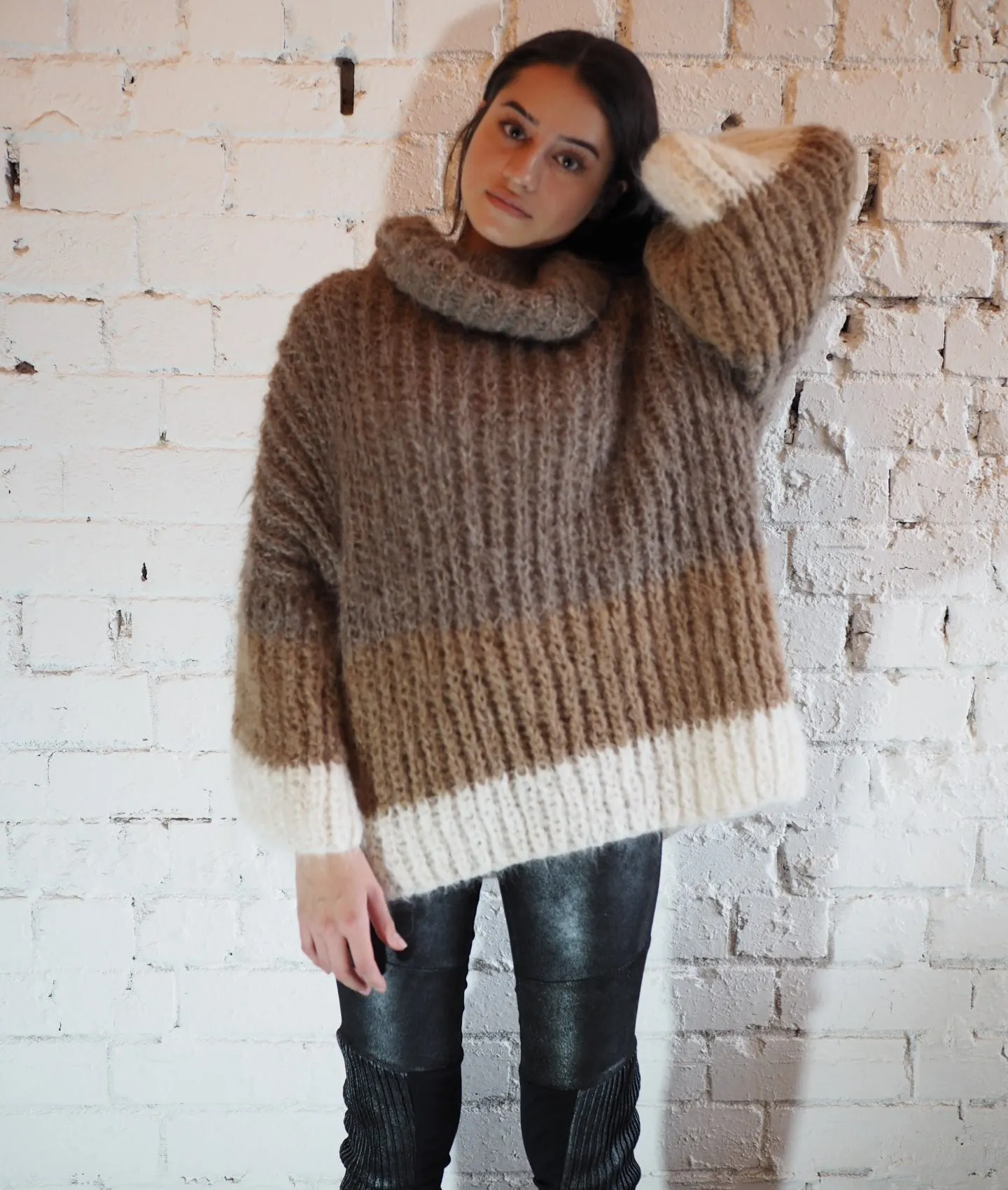 Stripe hand knit funnel neck sweater