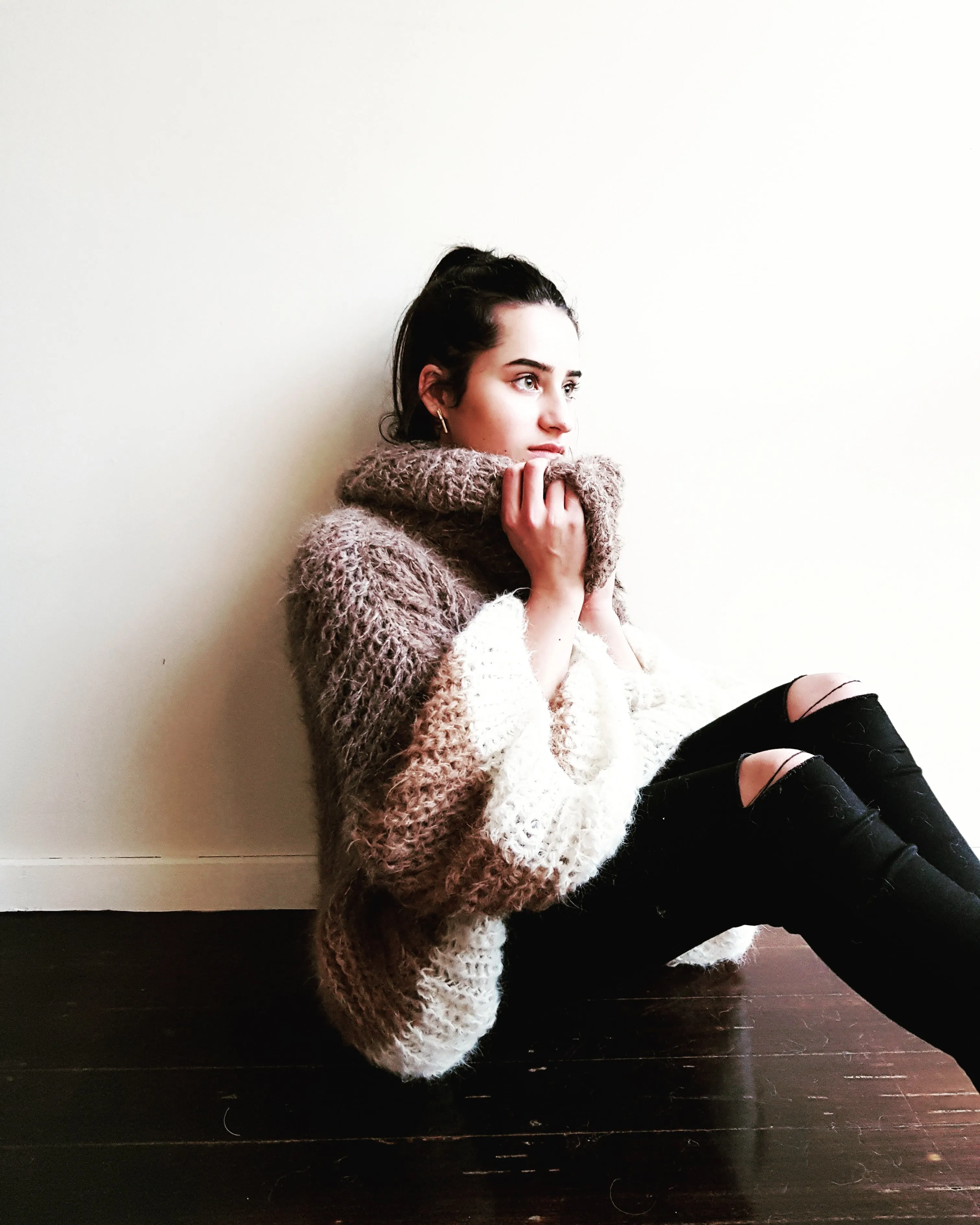 Stripe hand knit funnel neck sweater