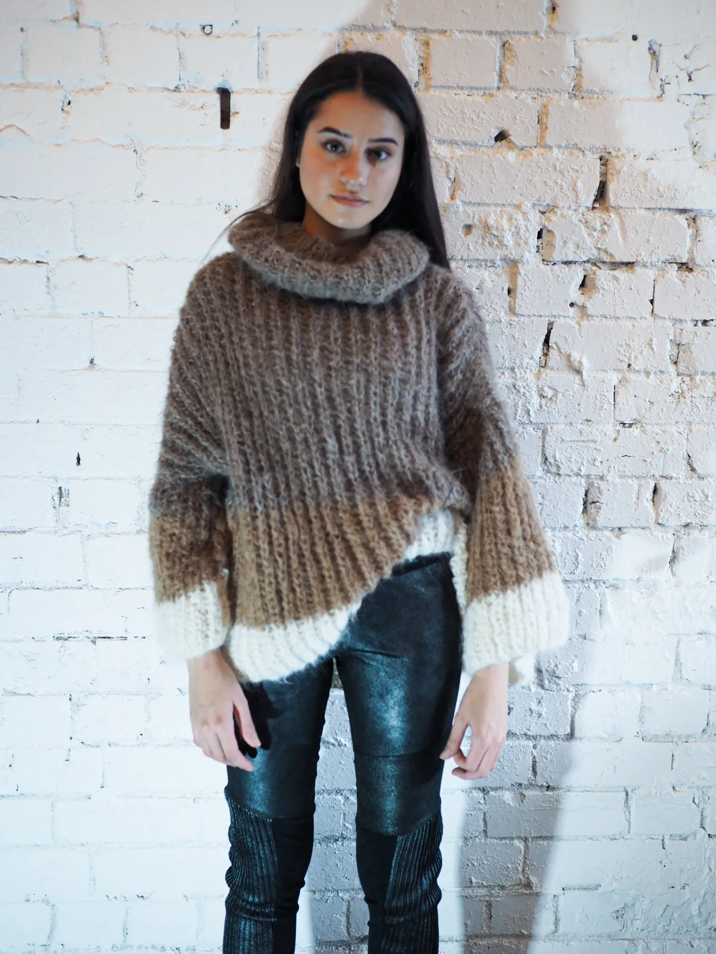 Stripe hand knit funnel neck sweater