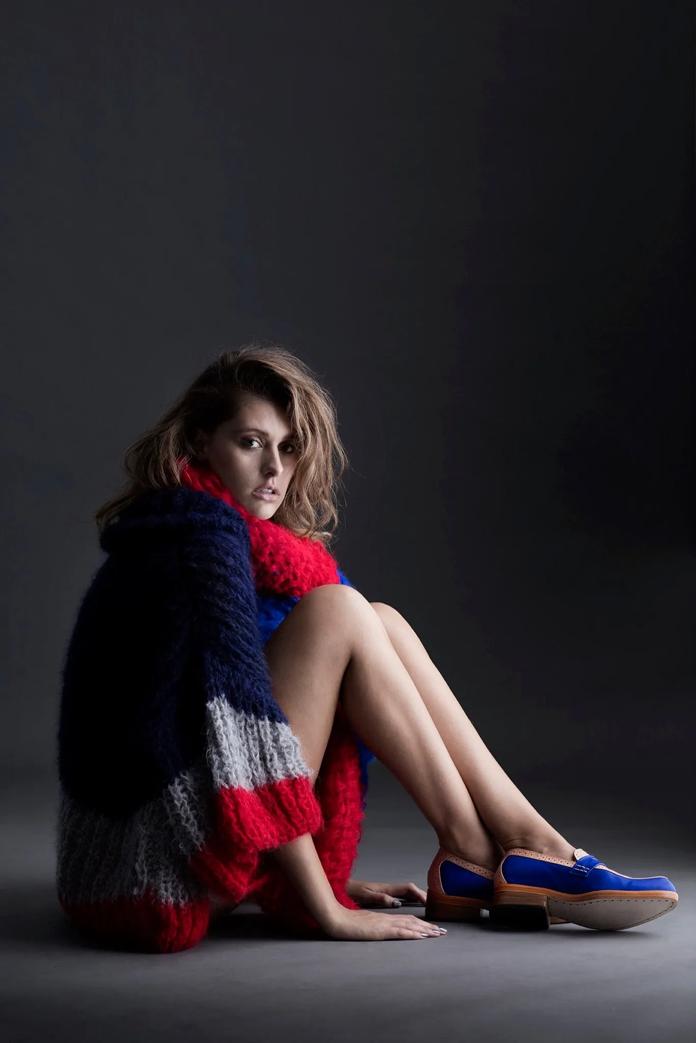 Stripe hand knit funnel neck sweater