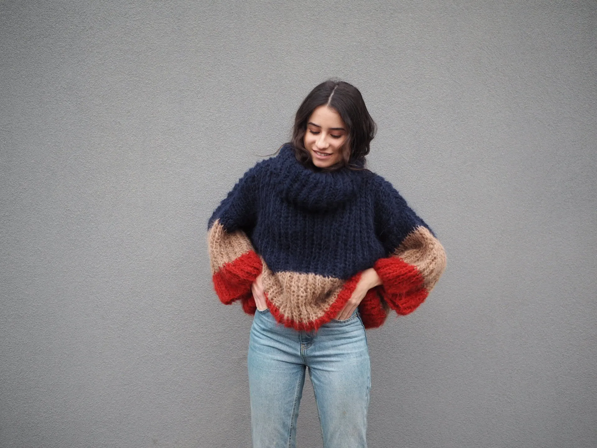 Stripe hand knit funnel neck sweater