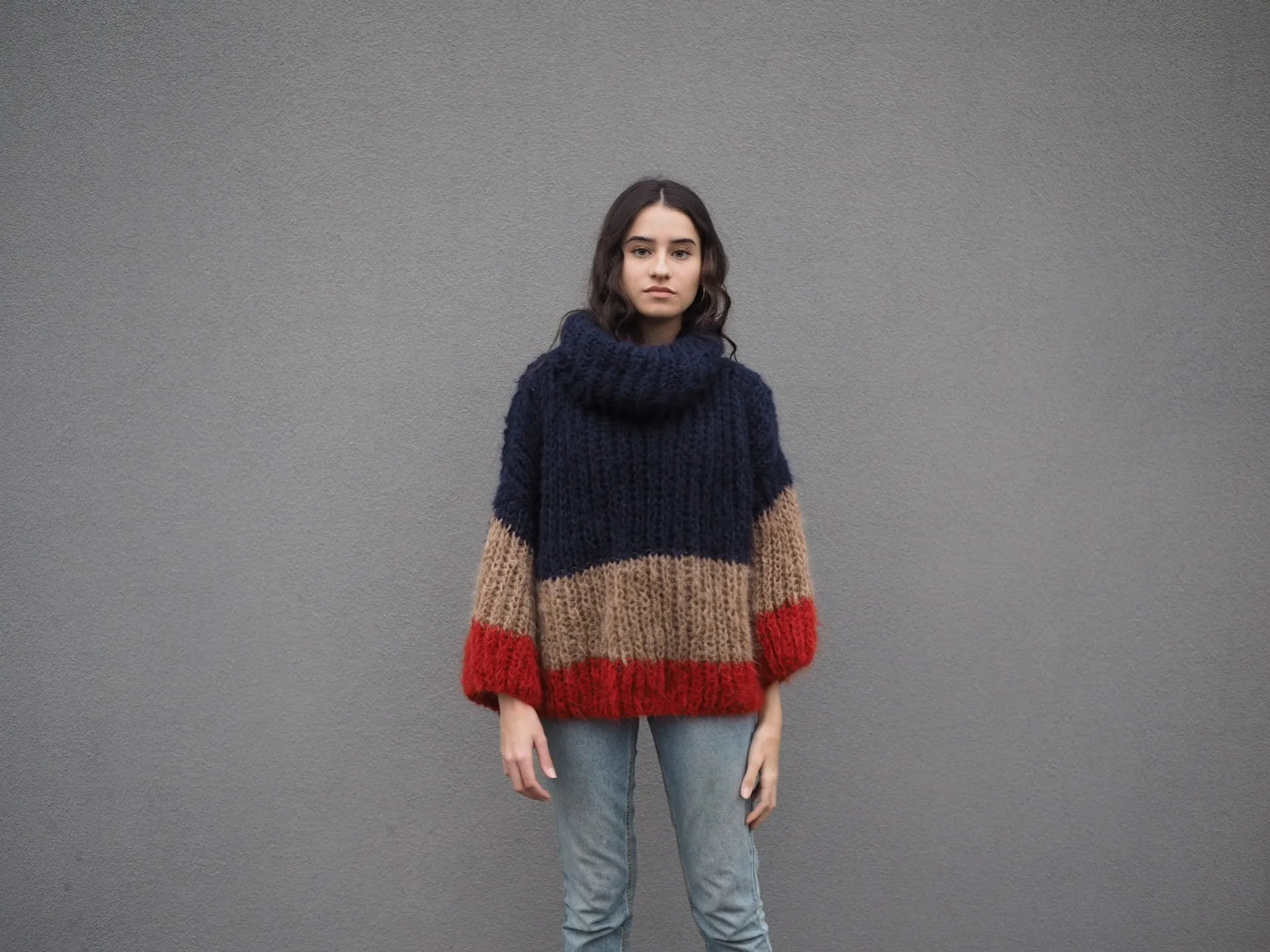 Stripe hand knit funnel neck sweater