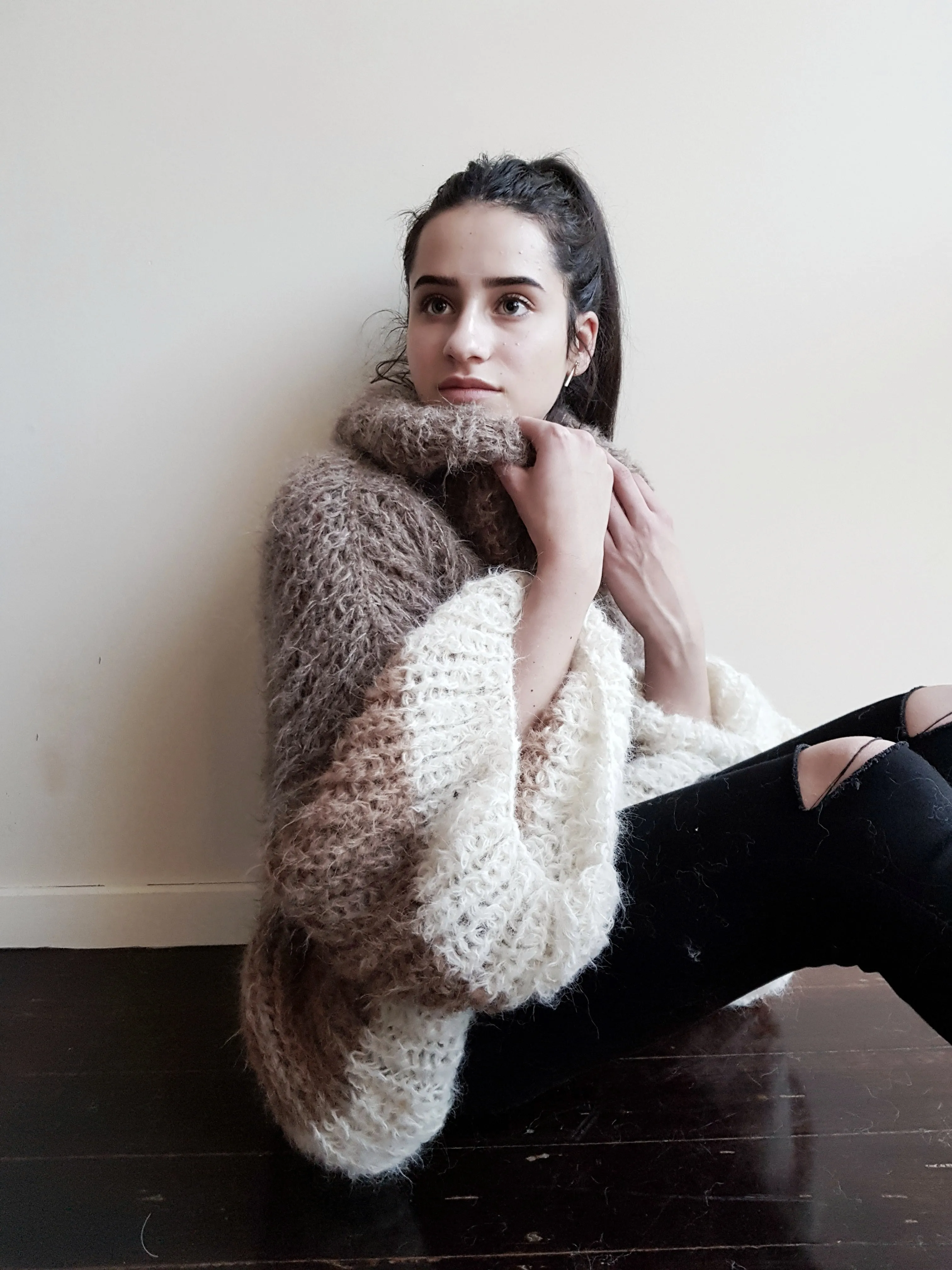 Stripe hand knit funnel neck sweater