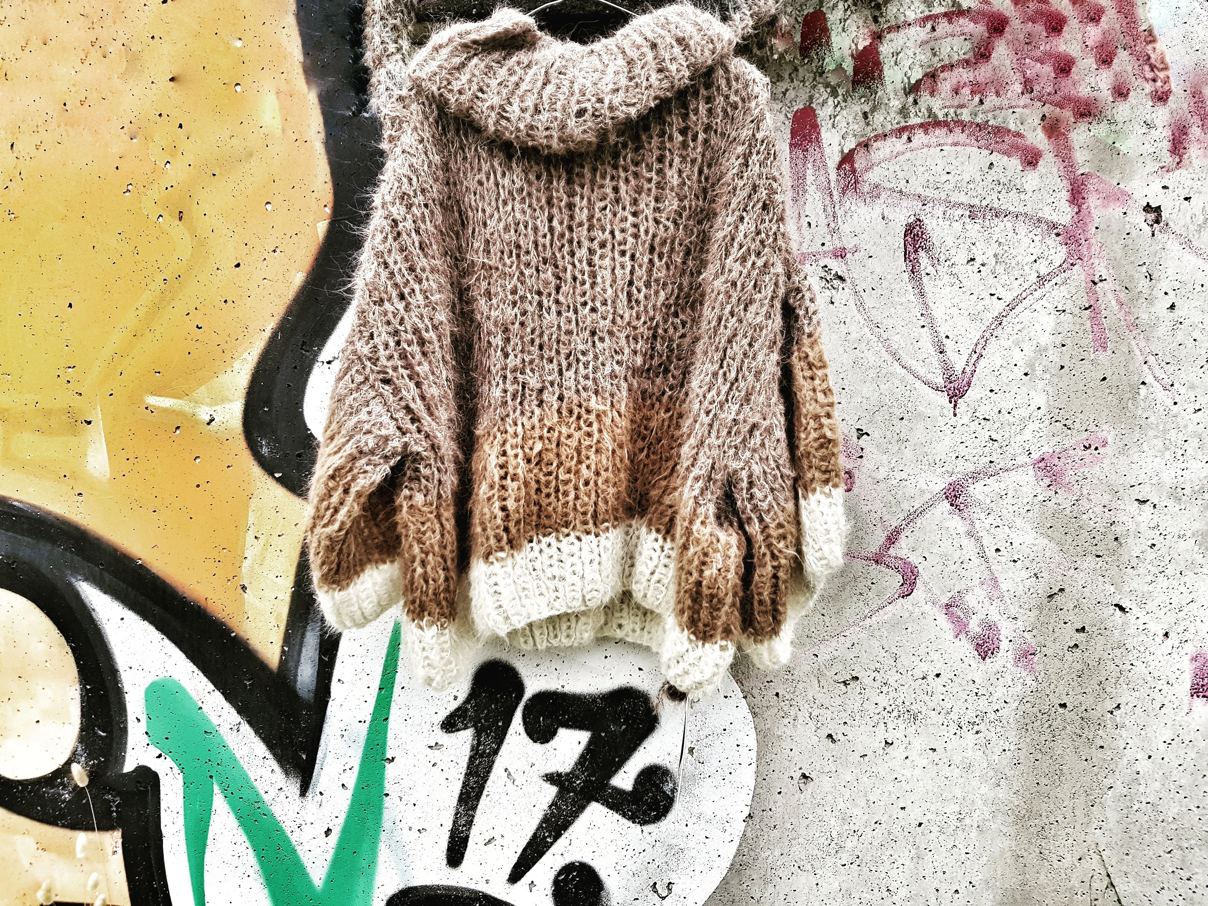 Stripe hand knit funnel neck sweater