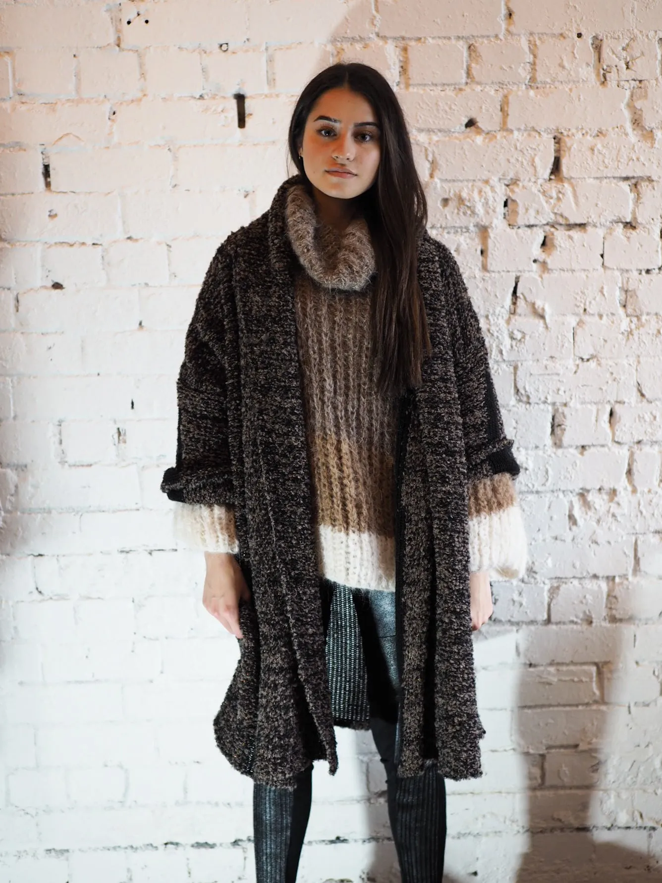 Stripe hand knit funnel neck sweater