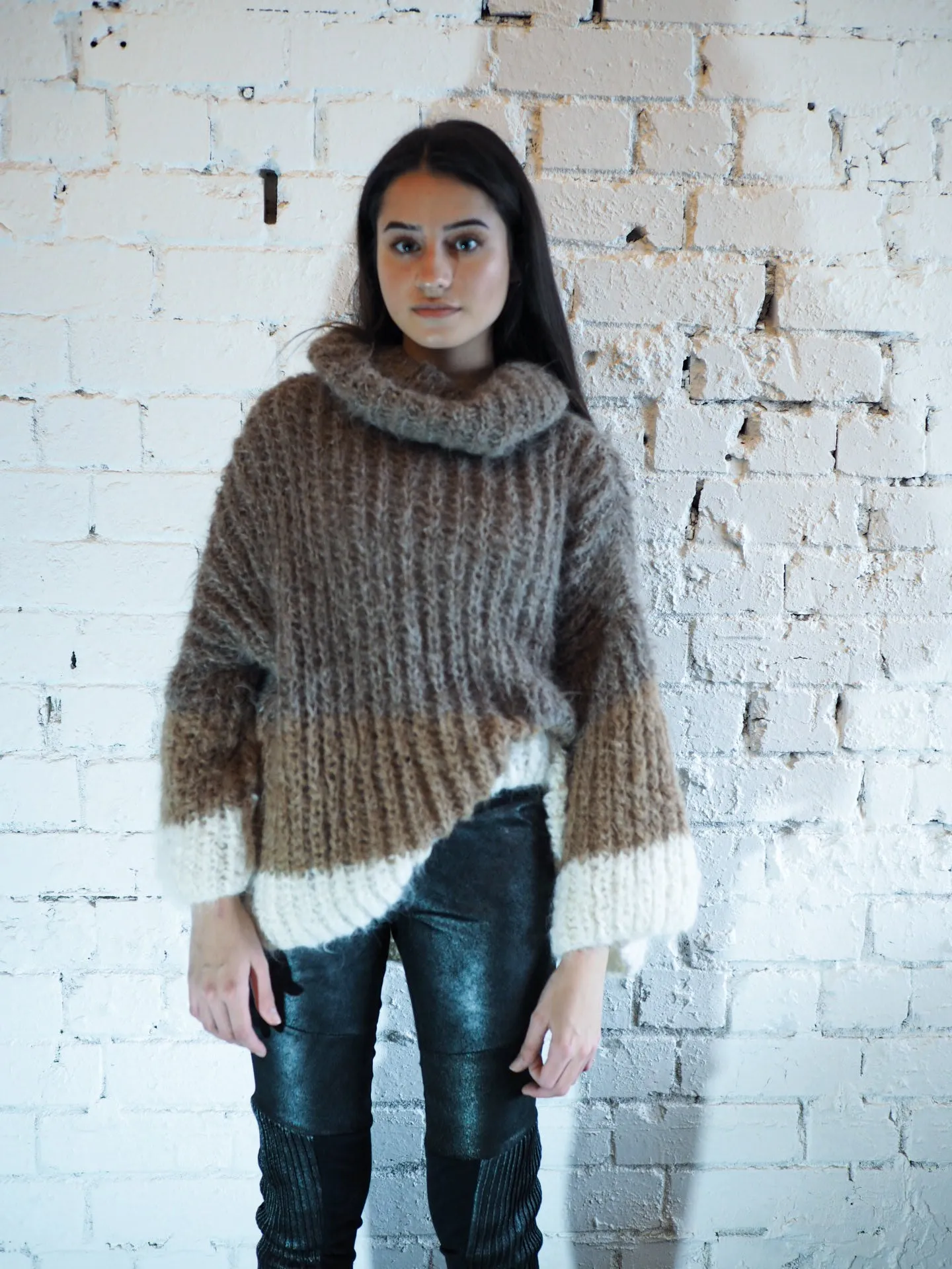 Stripe hand knit funnel neck sweater