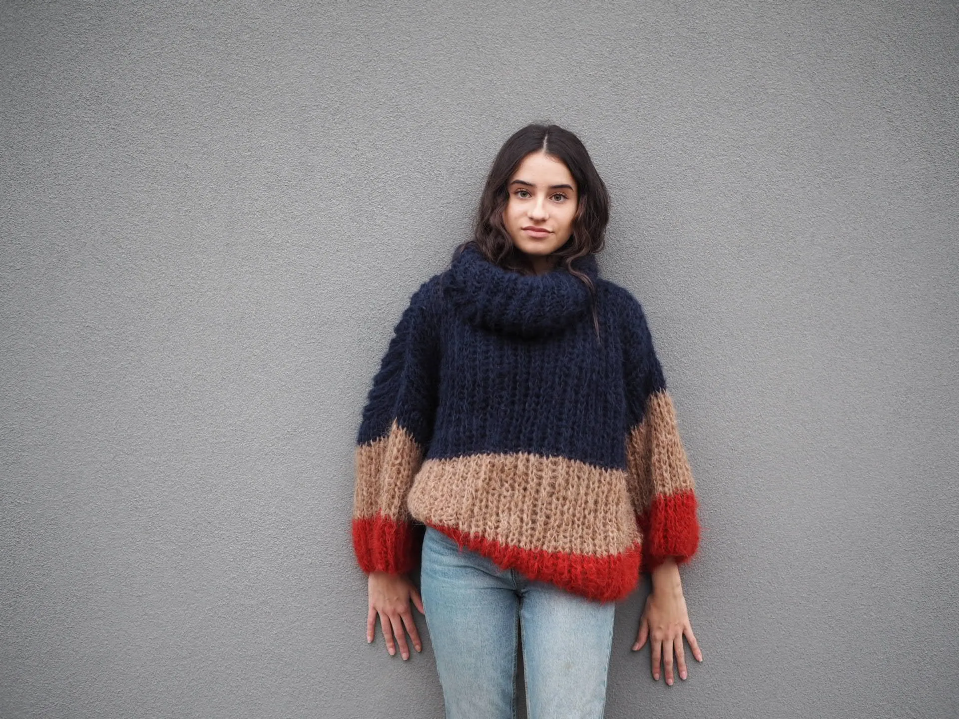 Stripe hand knit funnel neck sweater