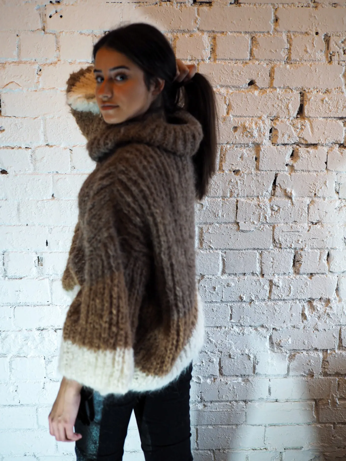 Stripe hand knit funnel neck sweater