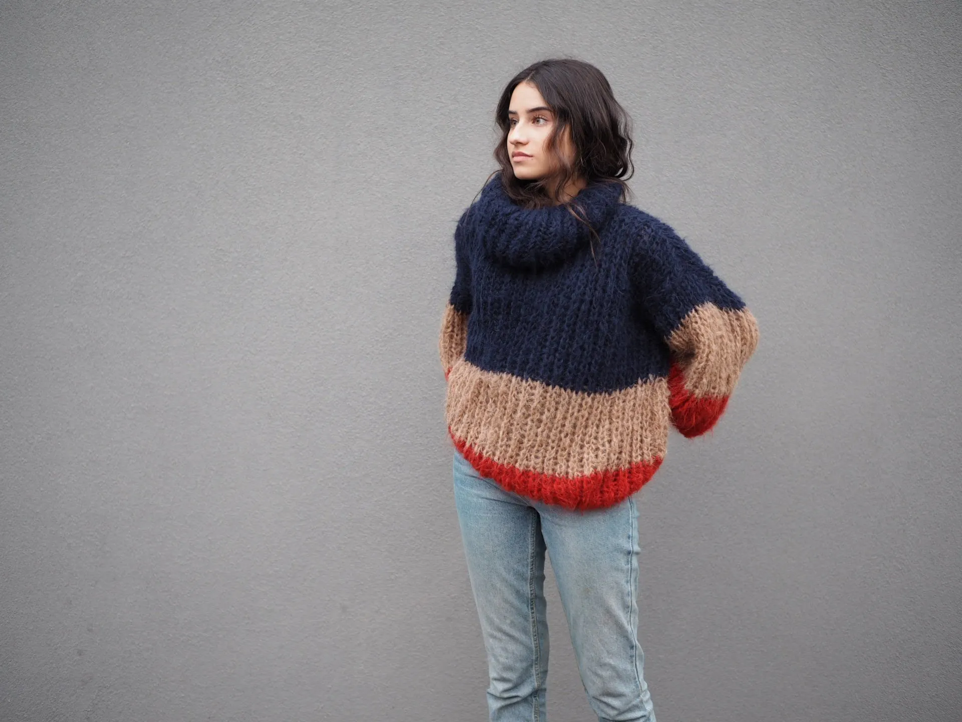 Stripe hand knit funnel neck sweater