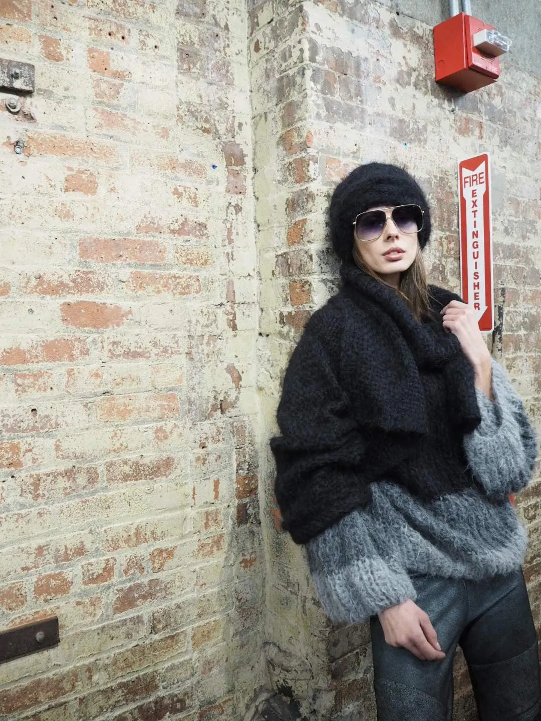 Stripe hand knit funnel neck sweater