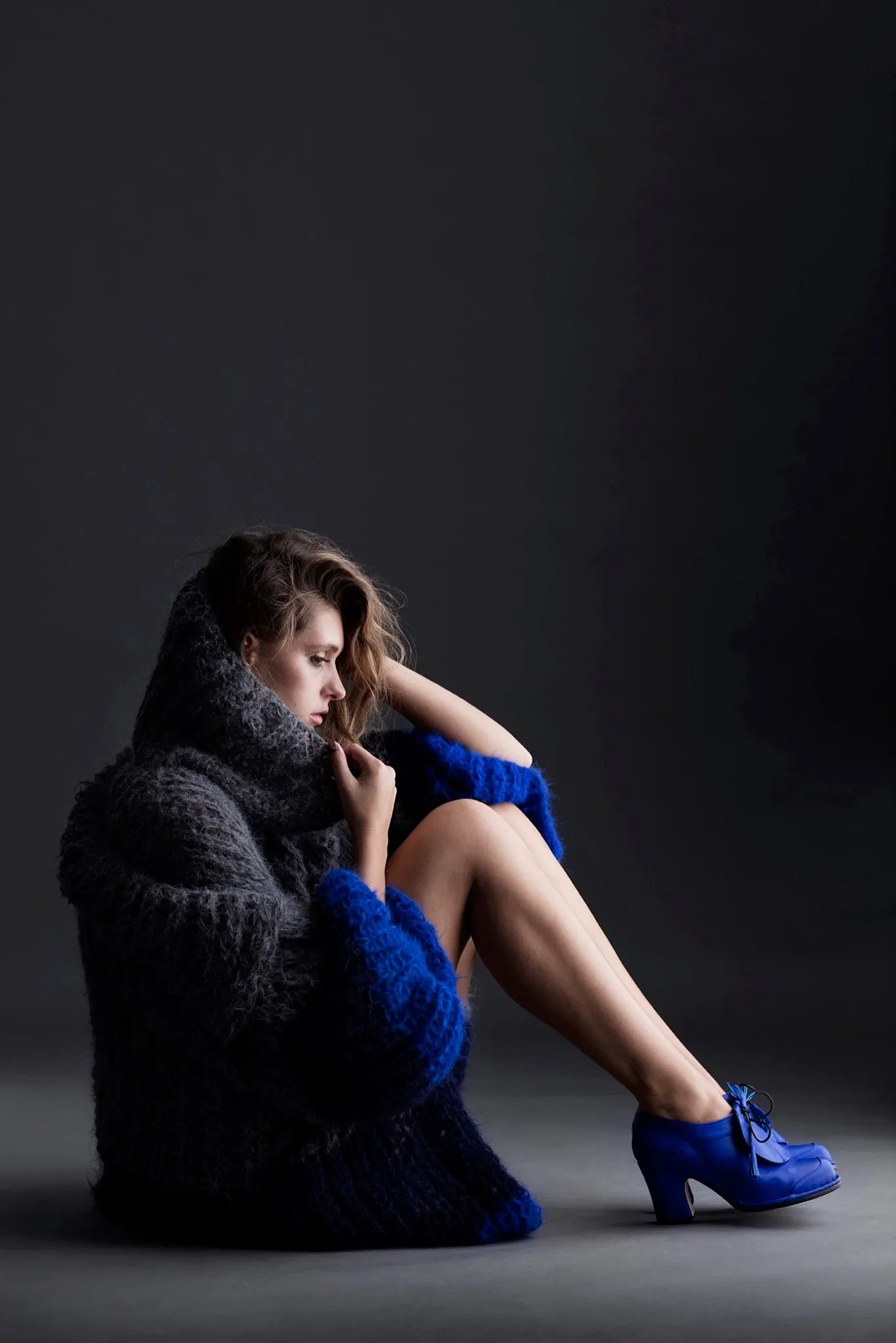 Stripe hand knit funnel neck sweater