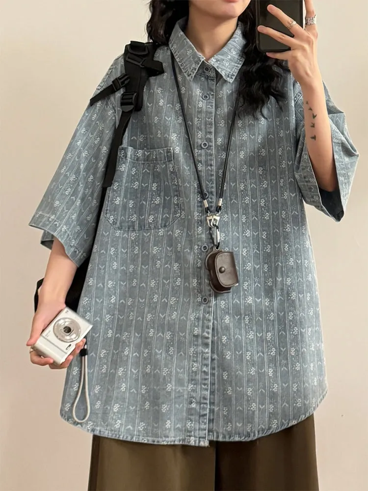 Vintage Casual Loose Floral Denim Shirt