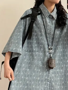 Vintage Casual Loose Floral Denim Shirt