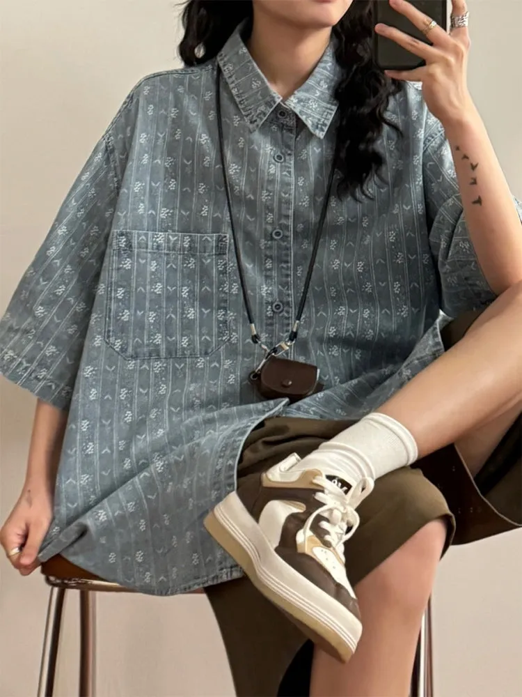 Vintage Casual Loose Floral Denim Shirt