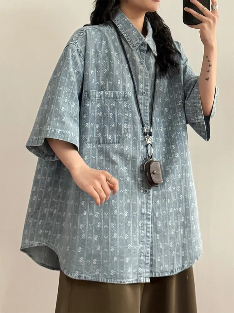 Vintage Casual Loose Floral Denim Shirt