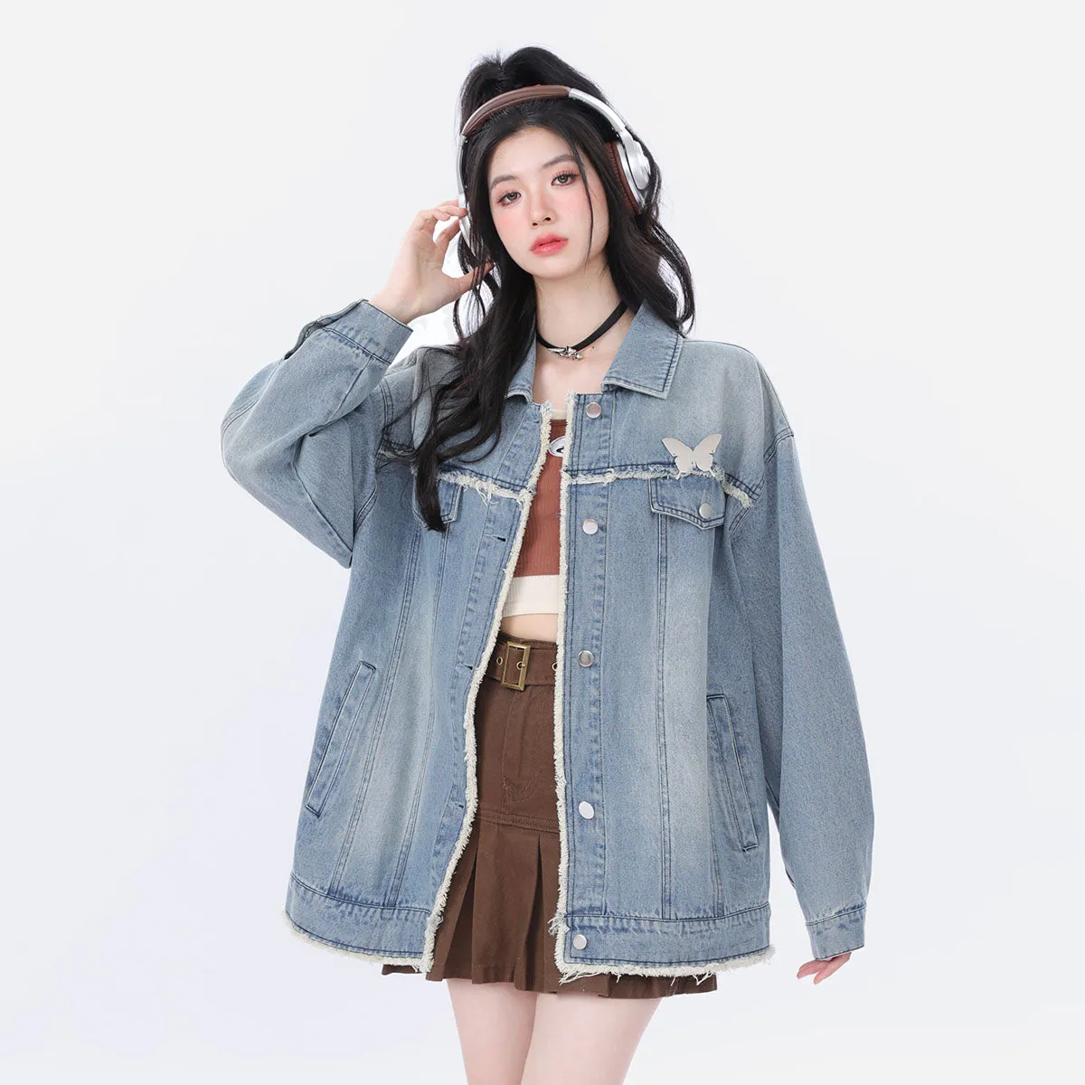 Vintage Distressed Casual Loose Butterfly Embroidery Denim Jacket