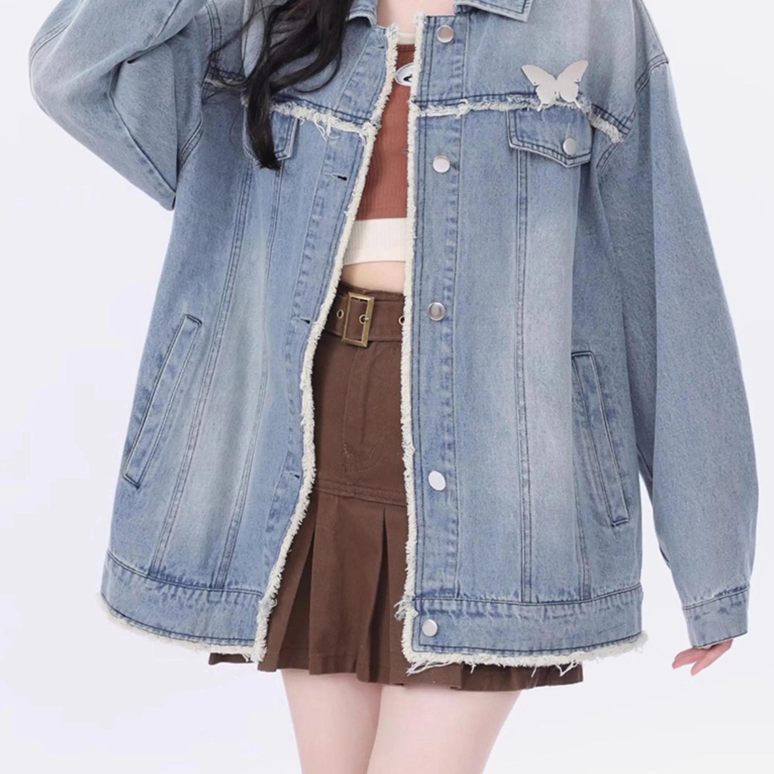 Vintage Distressed Casual Loose Butterfly Embroidery Denim Jacket