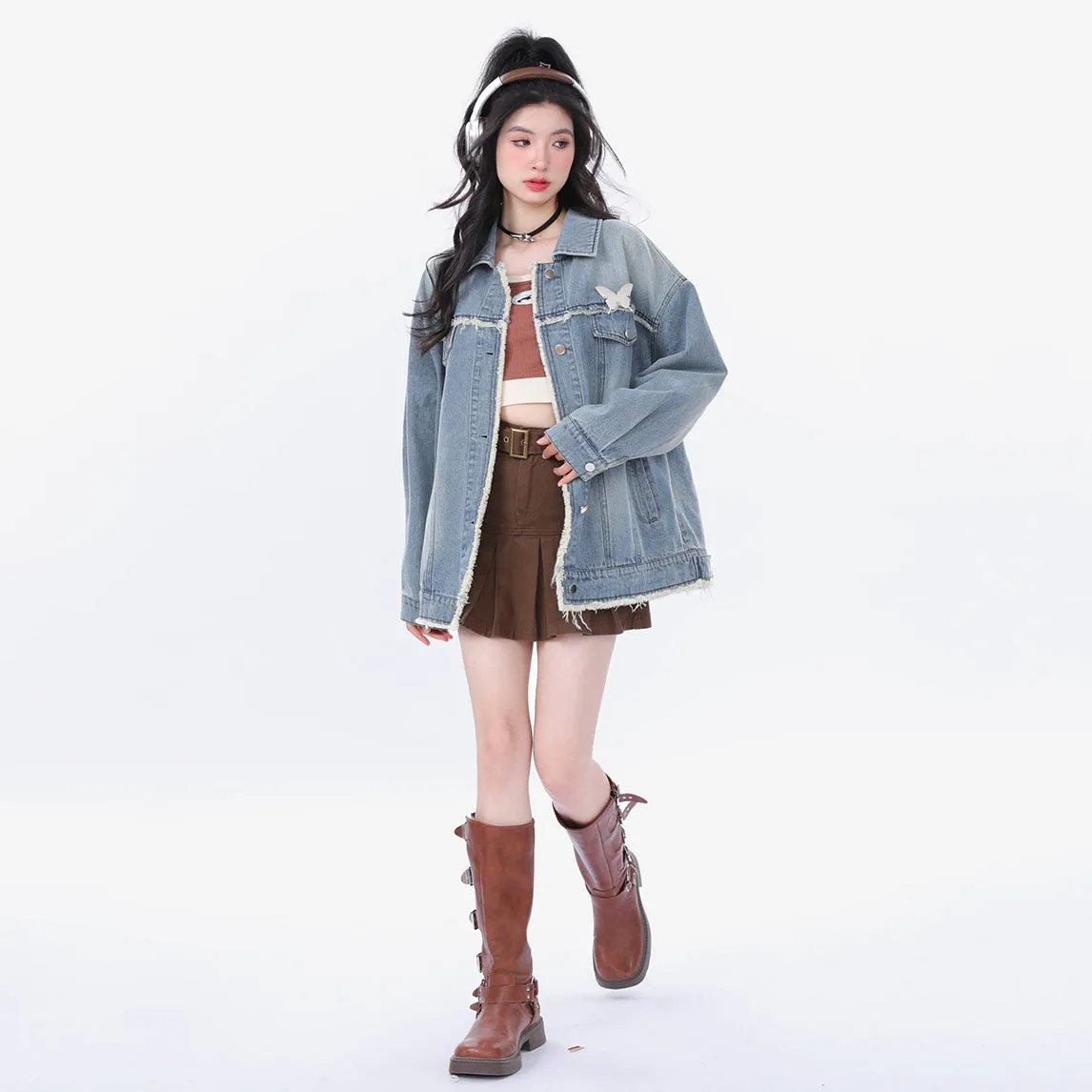 Vintage Distressed Casual Loose Butterfly Embroidery Denim Jacket