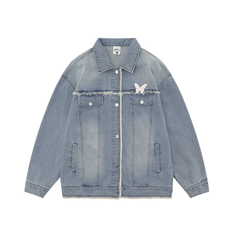 Vintage Distressed Casual Loose Butterfly Embroidery Denim Jacket