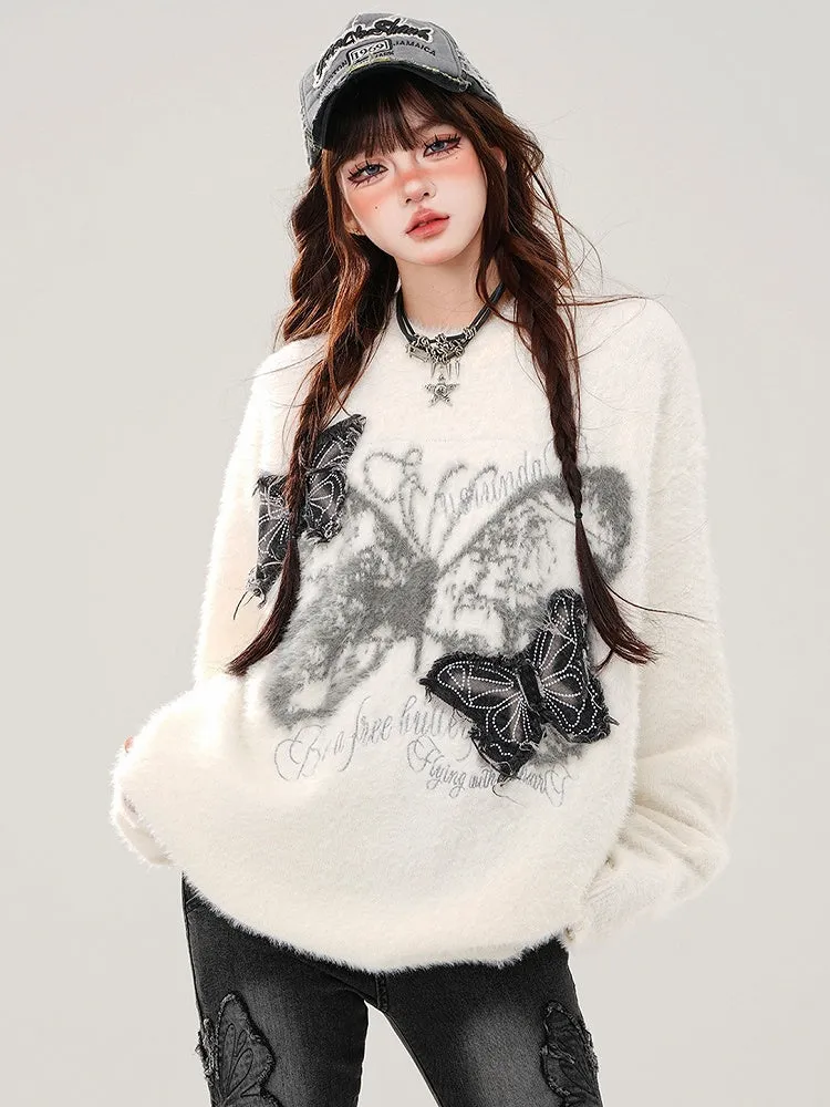 White Denim Butterfly Appliques Mohair Loose Sweater