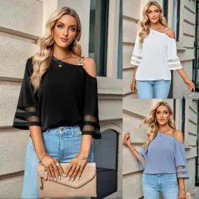 Women's Casual Solid Color Metal Buckle One-shoulder Blouses
